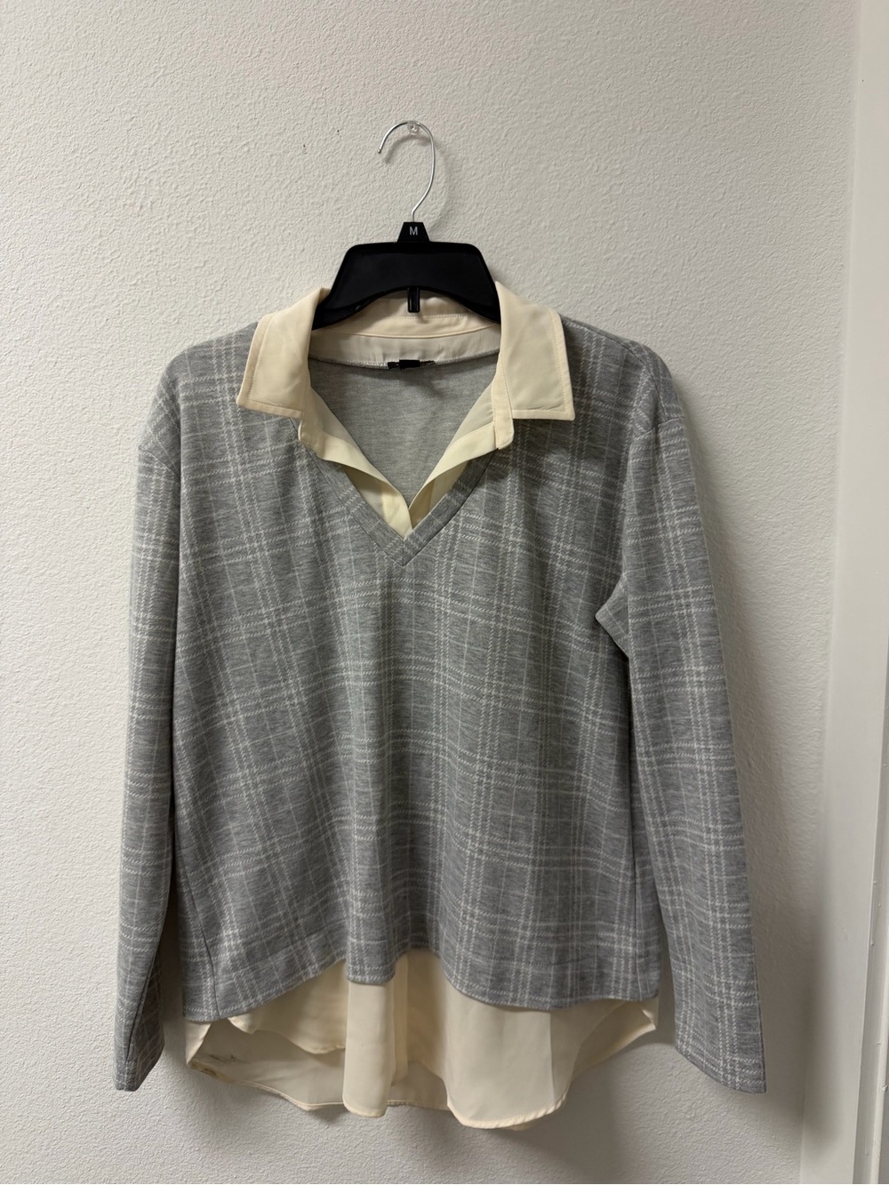 Ann Taylor Factory Gray Plaid Layered V-Neck Shirt with Cream Collar